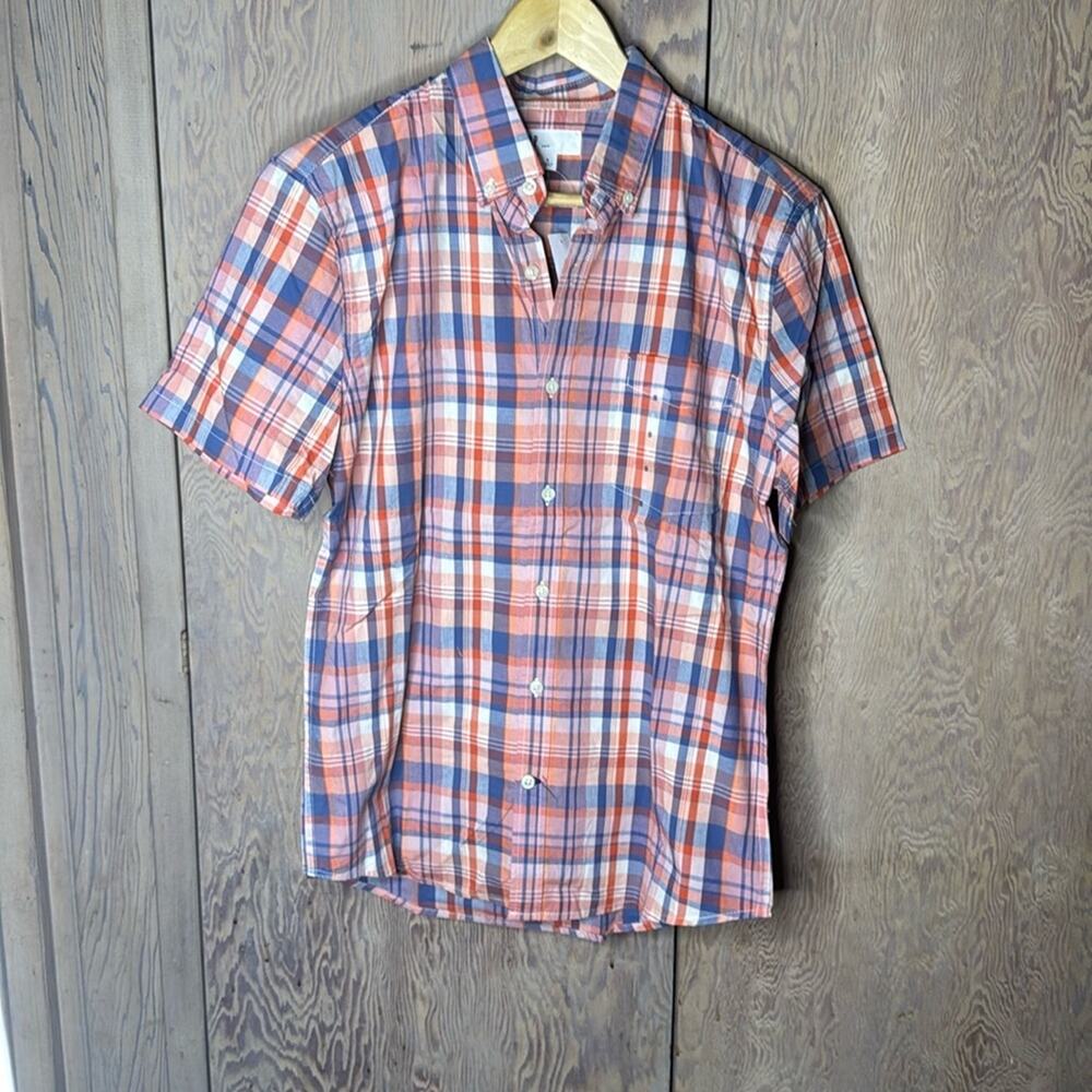 NWT GAP Mens Button Peach Blue Plaid Button Down Short Sleeve Shirt Size S